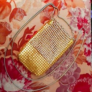 Crossbody Party Bag Gold Metallic Mesh with Rhinestone Flap and Chain Strap